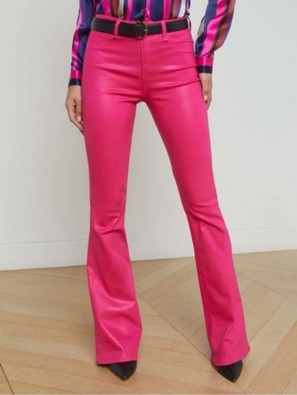 LAGENCE Marty Coated Flare Jean Pink Flare Pants Waist 28